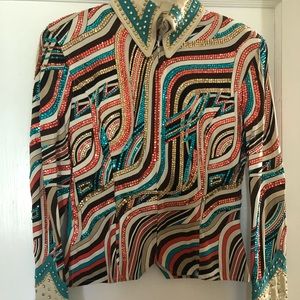 Multi color horse show jacket. Has some leather on it.